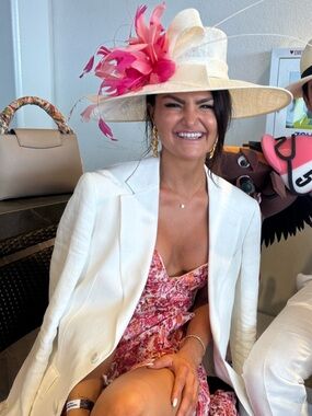 Pink Floral Ruffled Maxi Dress with White Wide-Brim Hat